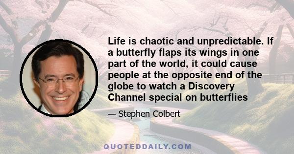 Life is chaotic and unpredictable. If a butterfly flaps its wings in one part of the world, it could cause people at the opposite end of the globe to watch a Discovery Channel special on butterflies