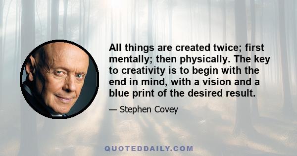 All things are created twice; first mentally; then physically. The key to creativity is to begin with the end in mind, with a vision and a blue print of the desired result.