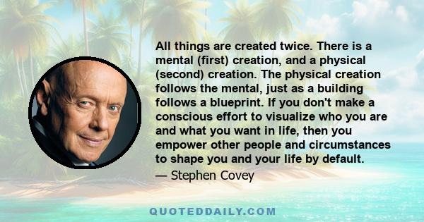 All things are created twice. There is a mental (first) creation, and a physical (second) creation. The physical creation follows the mental, just as a building follows a blueprint. If you don't make a conscious effort