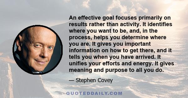 An effective goal focuses primarily on results rather than activity. It identifies where you want to be, and, in the process, helps you determine where you are. It gives you important information on how to get there,