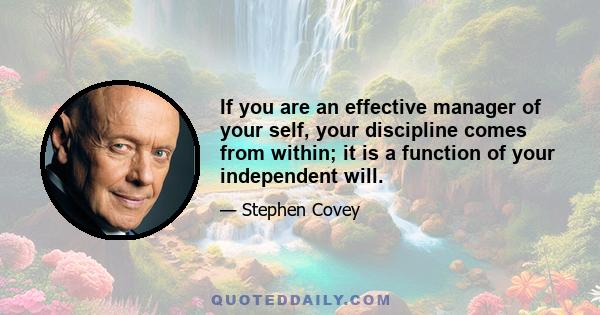 If you are an effective manager of your self, your discipline comes from within; it is a function of your independent will. You are a disciple, a follower, of your own deep values and their source. And you have the