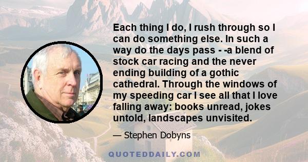 Each thing I do, I rush through so I can do something else. In such a way do the days pass - -a blend of stock car racing and the never ending building of a gothic cathedral. Through the windows of my speeding car I see 