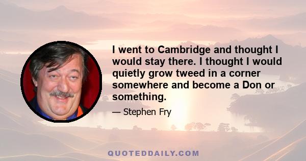 I went to Cambridge and thought I would stay there. I thought I would quietly grow tweed in a corner somewhere and become a Don or something.