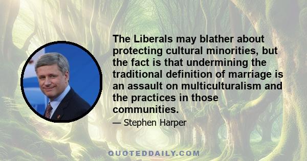 The Liberals may blather about protecting cultural minorities, but the fact is that undermining the traditional definition of marriage is an assault on multiculturalism and the practices in those communities.