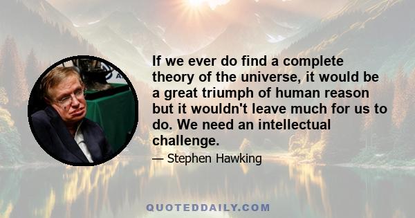 If we ever do find a complete theory of the universe, it would be a great triumph of human reason but it wouldn't leave much for us to do. We need an intellectual challenge.