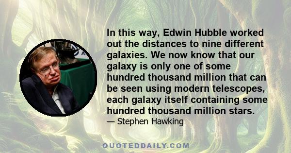 In this way, Edwin Hubble worked out the distances to nine different galaxies. We now know that our galaxy is only one of some hundred thousand million that can be seen using modern telescopes, each galaxy itself