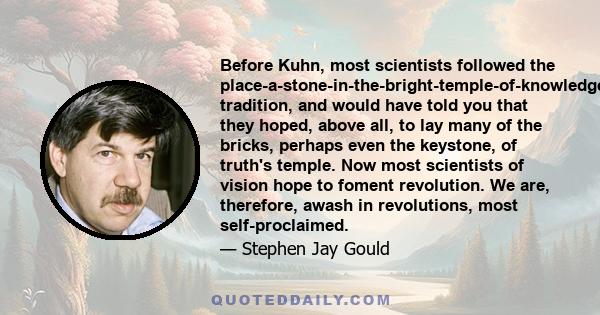 Before Kuhn, most scientists followed the place-a-stone-in-the-bright-temple-of-knowledge tradition, and would have told you that they hoped, above all, to lay many of the bricks, perhaps even the keystone, of truth's