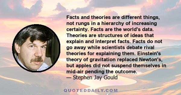 Facts and theories are different things, not rungs in a hierarchy of increasing certainty. Facts are the world's data. Theories are structures of ideas that explain and interpret facts. Facts do not go away while