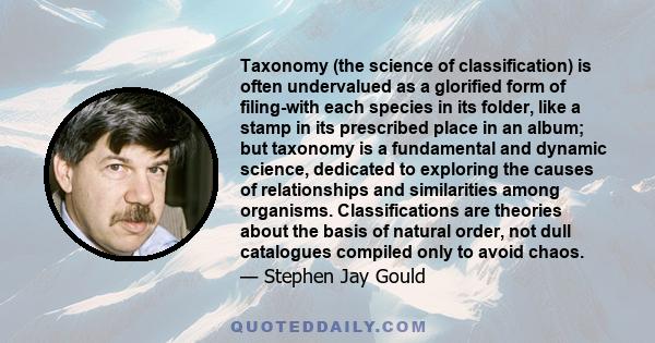 Taxonomy (the science of classification) is often undervalued as a glorified form of filing-with each species in its folder, like a stamp in its prescribed place in an album; but taxonomy is a fundamental and dynamic