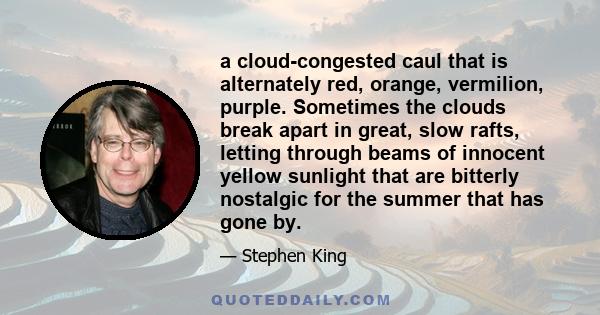 a cloud-congested caul that is alternately red, orange, vermilion, purple. Sometimes the clouds break apart in great, slow rafts, letting through beams of innocent yellow sunlight that are bitterly nostalgic for the