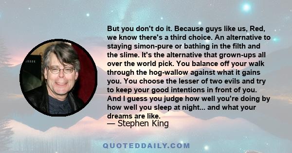 But you don't do it. Because guys like us, Red, we know there's a third choice. An alternative to staying simon-pure or bathing in the filth and the slime. It's the alternative that grown-ups all over the world pick.