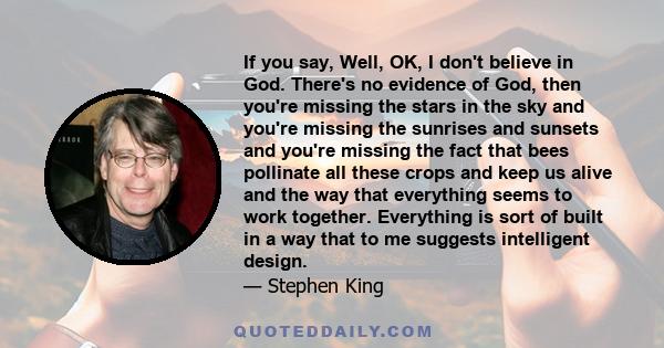 If you say, Well, OK, I don't believe in God. There's no evidence of God, then you're missing the stars in the sky and you're missing the sunrises and sunsets and you're missing the fact that bees pollinate all these