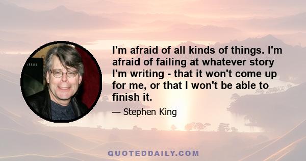 I'm afraid of all kinds of things. I'm afraid of failing at whatever story I'm writing - that it won't come up for me, or that I won't be able to finish it.