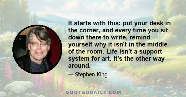 It starts with this: put your desk in the corner, and every time you sit down there to write, remind yourself why it isn't in the middle of the room. Life isn't a support system for art. It's the other way around.