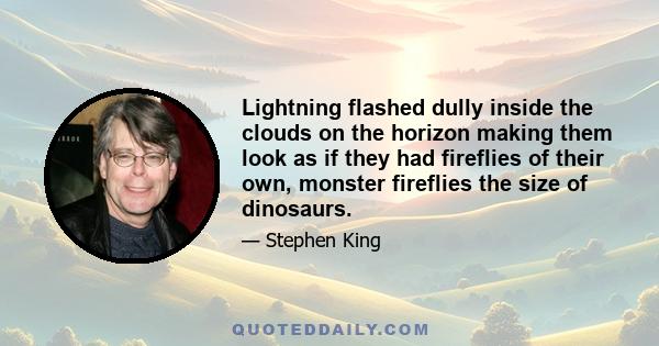 Lightning flashed dully inside the clouds on the horizon making them look as if they had fireflies of their own, monster fireflies the size of dinosaurs.