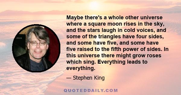 Maybe there's a whole other universe where a square moon rises in the sky, and the stars laugh in cold voices, and some of the triangles have four sides, and some have five, and some have five raised to the fifth power