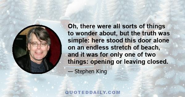 Oh, there were all sorts of things to wonder about, but the truth was simple: here stood this door alone on an endless stretch of beach, and it was for only one of two things: opening or leaving closed.
