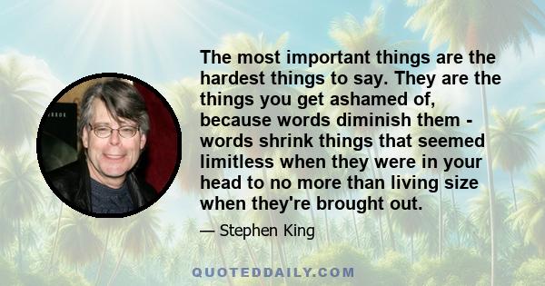 The most important things are the hardest things to say. They are the things you get ashamed of, because words diminish them - words shrink things that seemed limitless when they were in your head to no more than living 