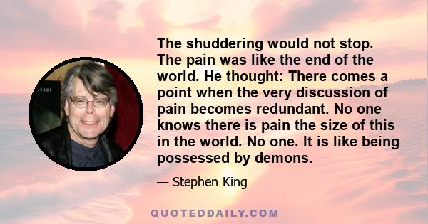 The shuddering would not stop. The pain was like the end of the world. He thought: There comes a point when the very discussion of pain becomes redundant. No one knows there is pain the size of this in the world. No