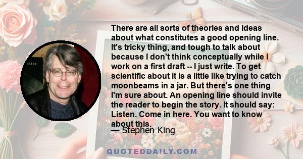 There are all sorts of theories and ideas about what constitutes a good opening line. It's tricky thing, and tough to talk about because I don't think conceptually while I work on a first draft -- I just write. To get