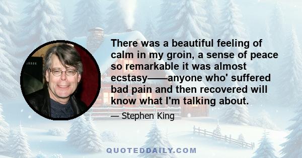 There was a beautiful feeling of calm in my groin, a sense of peace so remarkable it was almost ecstasy——anyone who' suffered bad pain and then recovered will know what I'm talking about.