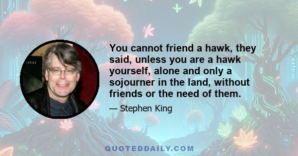 You cannot friend a hawk, they said, unless you are a hawk yourself, alone and only a sojourner in the land, without friends or the need of them.