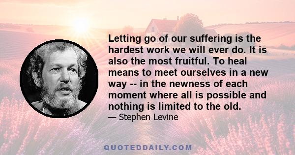 Letting go of our suffering is the hardest work we will ever do. It is also the most fruitful. To heal means to meet ourselves in a new way -- in the newness of each moment where all is possible and nothing is limited