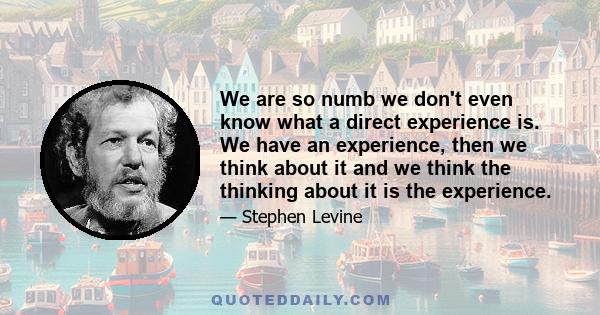 We are so numb we don't even know what a direct experience is. We have an experience, then we think about it and we think the thinking about it is the experience.