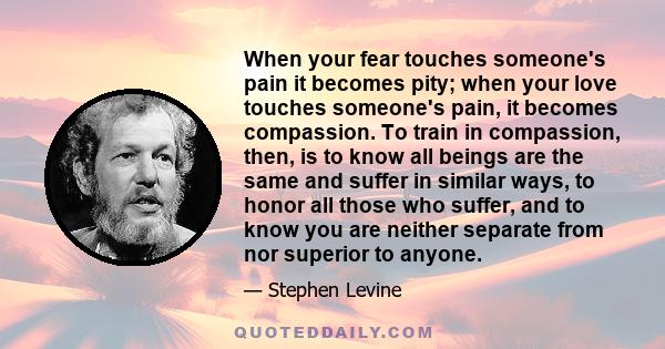 When your fear touches someone's pain it becomes pity; when your love touches someone's pain, it becomes compassion. To train in compassion, then, is to know all beings are the same and suffer in similar ways, to honor