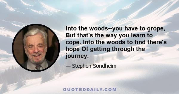 Into the woods--you have to grope, But that's the way you learn to cope. Into the woods to find there's hope Of getting through the journey.