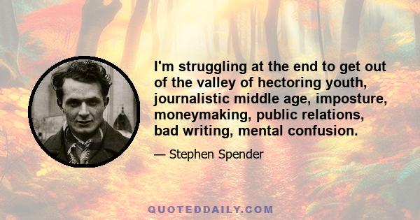 I'm struggling at the end to get out of the valley of hectoring youth, journalistic middle age, imposture, moneymaking, public relations, bad writing, mental confusion.