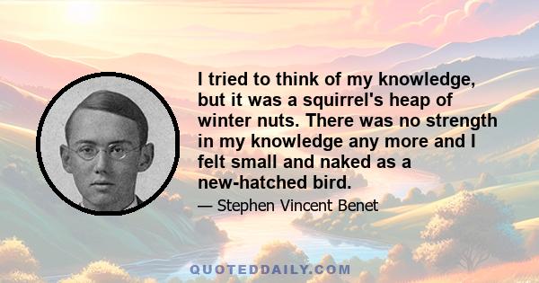 I tried to think of my knowledge, but it was a squirrel's heap of winter nuts. There was no strength in my knowledge any more and I felt small and naked as a new-hatched bird.