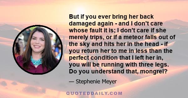 But if you ever bring her back damaged again - and I don't care whose fault it is; I don't care if she merely trips, or if a meteor falls out of the sky and hits her in the head - if you return her to me in less than