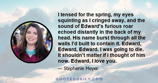 I tensed for the spring, my eyes squinting as I cringed away, and the sound of Edward's furious roar echoed distantly in the back of my head. His name burst through all the walls I'd built to contain it. Edward, Edward, 