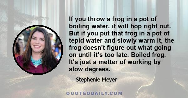 If you throw a frog in a pot of boiling water, it will hop right out. But if you put that frog in a pot of tepid water and slowly warm it, the frog doesn't figure out what going on until it's too late. Boiled frog. It's 