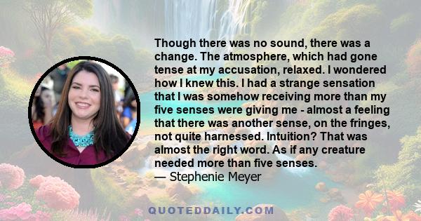 Though there was no sound, there was a change. The atmosphere, which had gone tense at my accusation, relaxed. I wondered how I knew this. I had a strange sensation that I was somehow receiving more than my five senses