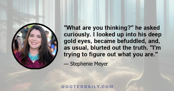 What are you thinking? he asked curiously. I looked up into his deep gold eyes, became befuddled, and, as usual, blurted out the truth. I'm trying to figure out what you are.