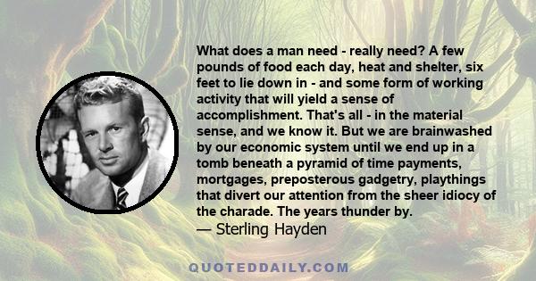 What does a man need - really need? A few pounds of food each day, heat and shelter, six feet to lie down in - and some form of working activity that will yield a sense of accomplishment. That's all - in the material