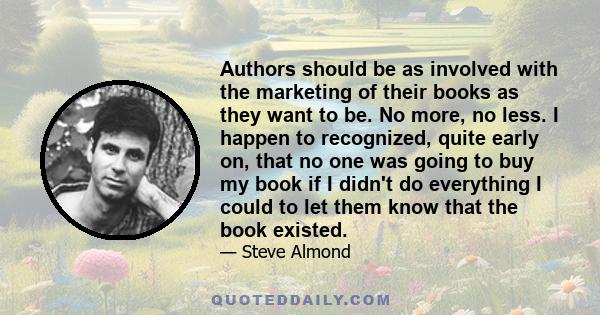 Authors should be as involved with the marketing of their books as they want to be. No more, no less. I happen to recognized, quite early on, that no one was going to buy my book if I didn't do everything I could to let 