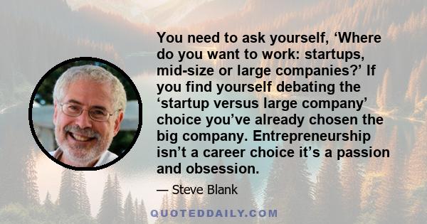 You need to ask yourself, ‘Where do you want to work: startups, mid-size or large companies?’ If you find yourself debating the ‘startup versus large company’ choice you’ve already chosen the big company.