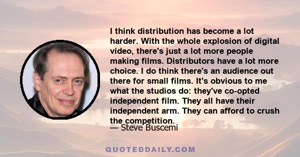 I think distribution has become a lot harder. With the whole explosion of digital video, there's just a lot more people making films. Distributors have a lot more choice. I do think there's an audience out there for