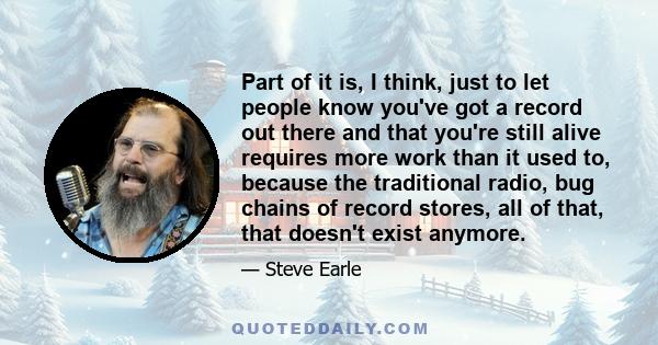 Part of it is, I think, just to let people know you've got a record out there and that you're still alive requires more work than it used to, because the traditional radio, bug chains of record stores, all of that, that 