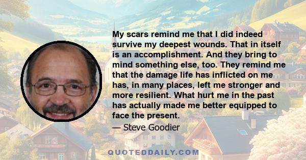 My scars remind me that I did indeed survive my deepest wounds. That in itself is an accomplishment. And they bring to mind something else, too. They remind me that the damage life has inflicted on me has, in many