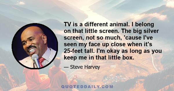 TV is a different animal. I belong on that little screen. The big silver screen, not so much, 'cause I've seen my face up close when it's 25-feet tall. I'm okay as long as you keep me in that little box.