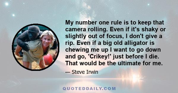 My number one rule is to keep that camera rolling. Even if it's shaky or slightly out of focus, I don't give a rip. Even if a big old alligator is chewing me up I want to go down and go, 'Crikey!' just before I die.