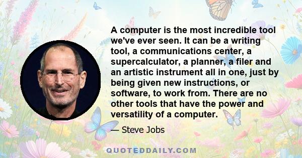 A computer is the most incredible tool we've ever seen. It can be a writing tool, a communications center, a supercalculator, a planner, a filer and an artistic instrument all in one, just by being given new