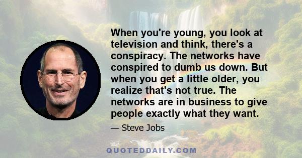 When you're young, you look at television and think, there's a conspiracy. The networks have conspired to dumb us down. But when you get a little older, you realize that's not true. The networks are in business to give