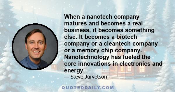 When a nanotech company matures and becomes a real business, it becomes something else. It becomes a biotech company or a cleantech company or a memory chip company. Nanotechnology has fueled the core innovations in