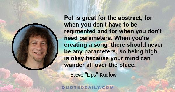 Pot is great for the abstract, for when you don't have to be regimented and for when you don't need parameters. When you're creating a song, there should never be any parameters, so being high is okay because your mind