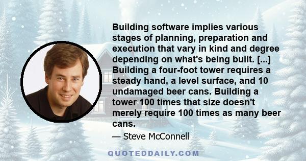 Building software implies various stages of planning, preparation and execution that vary in kind and degree depending on what's being built. [...] Building a four-foot tower requires a steady hand, a level surface, and 